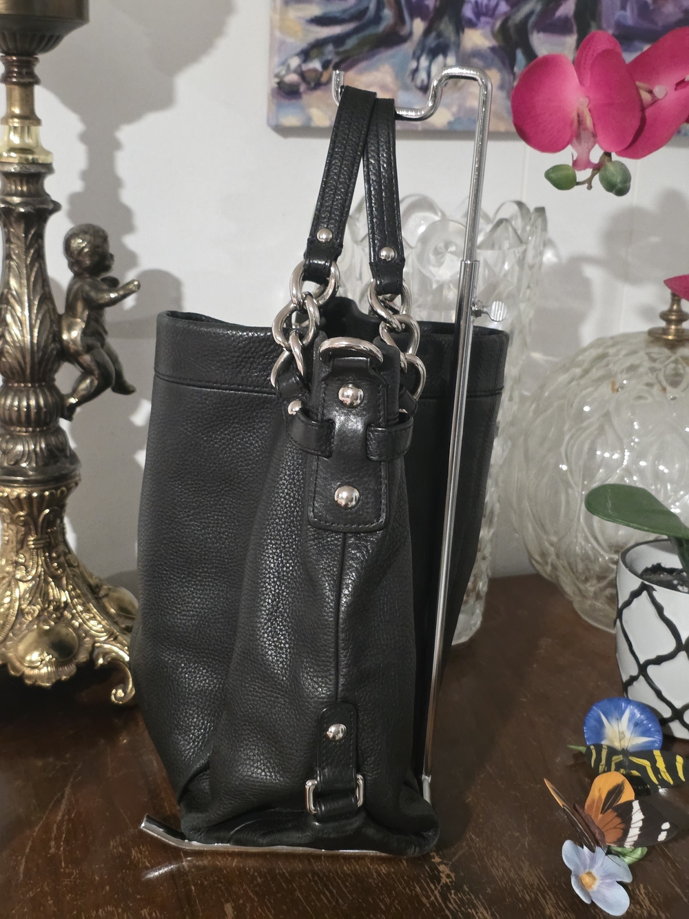 Coach Brook Black Leather Hobo Bag with Chain Accents - Picture 7 of 14